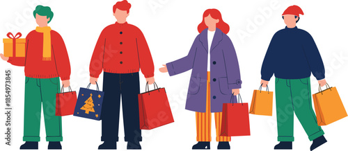 Christmas shoppers character set carrying various retail bags and presents for seasonal commerce marketing material and winter fashion advertisement in clean vector style.