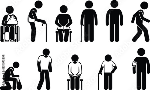 Diverse set of stick figure icons showing different ages, physical abilities, and daily activities