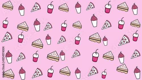 Pink background featuring pizza sandwiches and cupcake illustrations. Perfect for food blogs, menu designs, party invitations, and social media posts.