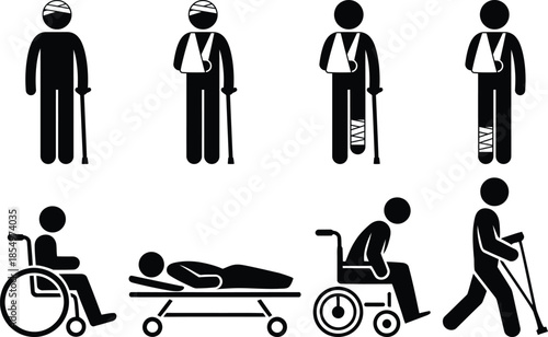 A collection of black stick figures illustrating different types of injuries and medical care situations
