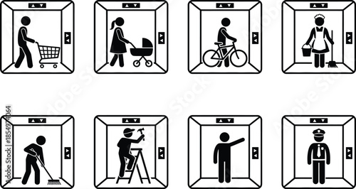 Set of pictograms showing different types of people using an elevator