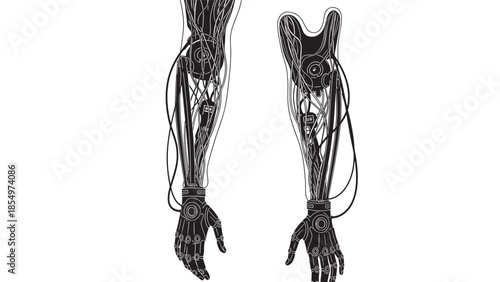 Intricate robotic legs depicted in a detailed black and white illustration