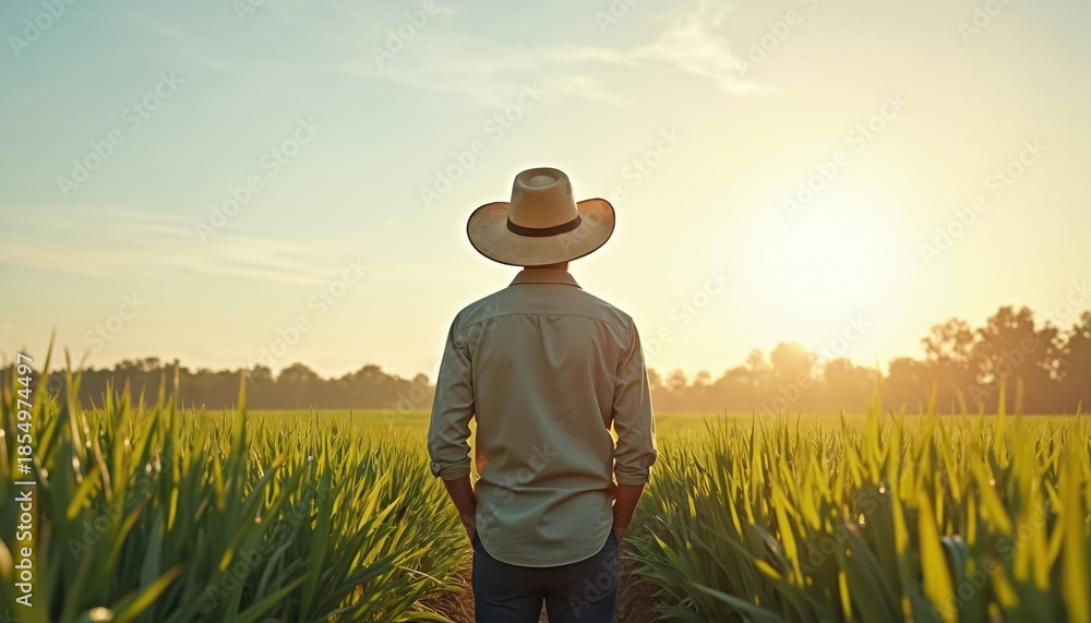 Fototapeta premium Man in straw hat stands in tall green field at sunset. Farmer looks over farmland ready for harvest. Rural landscape with crops, trees, and sky.