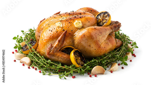 Delicious roasted chicken with herbs and lemon on a white background