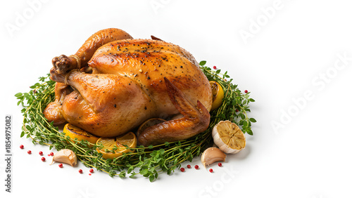 Delicious roasted chicken with herbs and lemon on white background