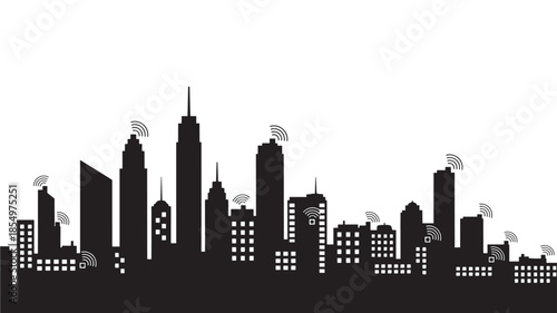 A striking black and white silhouette of a modern city skyline
