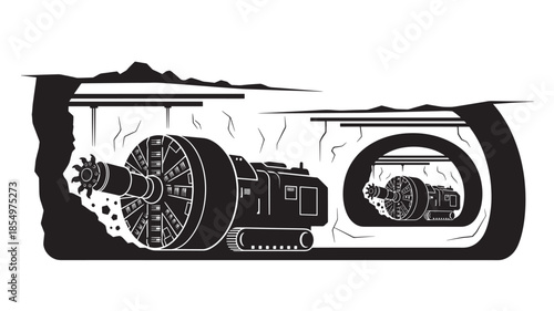 Tunnel boring machine excavating underground a detailed black and white illustration