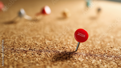 コルクボードに赤い画鋲でタグの2026を留めた温かみのあるオフィス構図