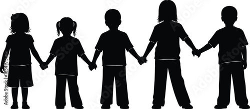Children silhouettes holding hands together, unity friendship concept, boys and girls standing in line, childhood teamwork illustration isolated background