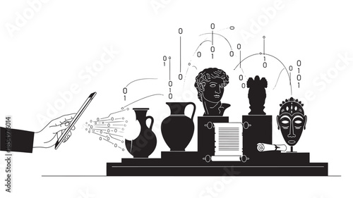 A digital stream interacting with ancient artifacts bust vase and masks