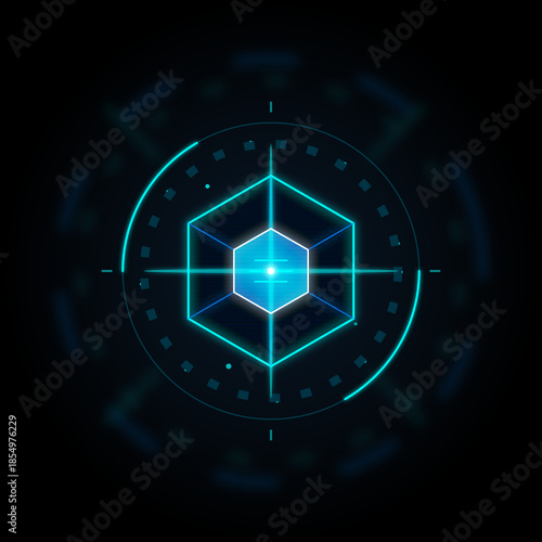 Futuristic glowing blue hexagonal target interface on a dark background.