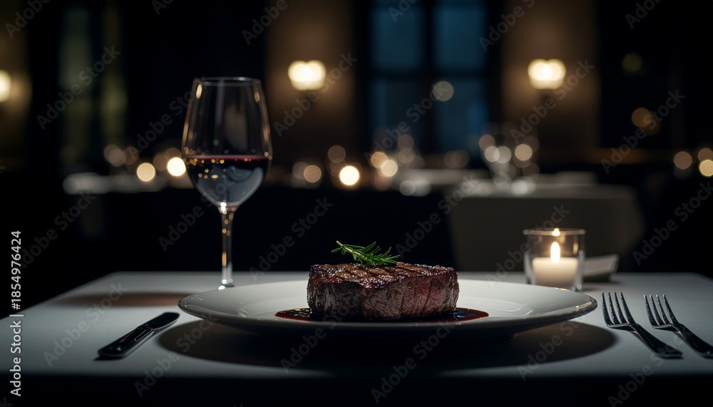 Obraz premium 夜の高級レストランのビーフステーキ(4Kリアリスティック)/Beef Steak in Elegant Night Restaurant Lighting (4K Realistic)