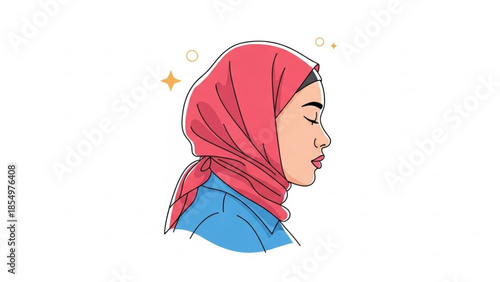 Peaceful illustration of a thoughtful woman wearing a vibrant pink hijab and blue attire