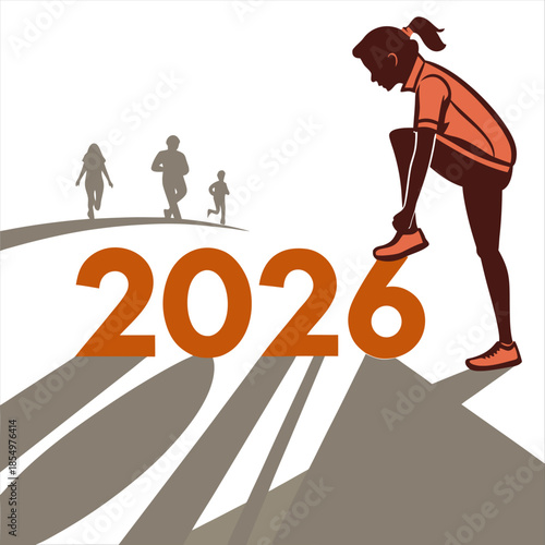 New year 2026 or start straight concept .word 2026 written on the asphalt road and athlete woman runner stretching leg preparing for new year at sunset