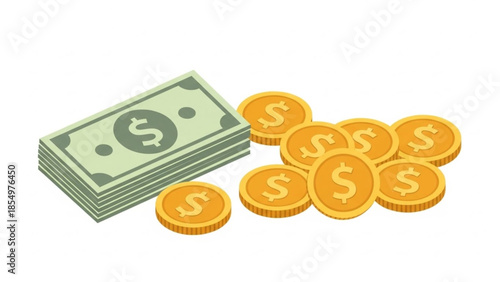 A stack of green dollar bills and scattered gold dollar coins representing finance and wealth