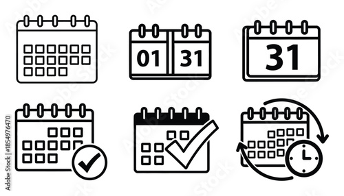 A set of six black and white calendar icons for organizing and planning