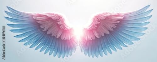 Pair of soft angel wings in pastel pink and blue hues isolated on a light background. Feathery texture detailed close up view. Ethereal supernatural gentle spiritual angelic fantasy concept.