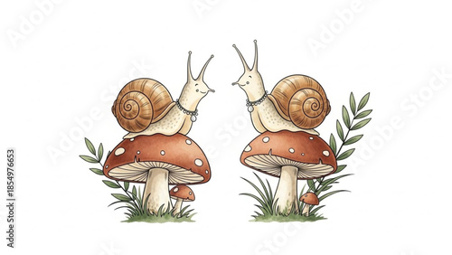 Two charming snails perched on spotted mushrooms in a whimsical forest scene