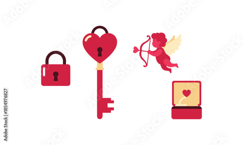 Valentine's Day set bundle with cupid key lock and ring box vector