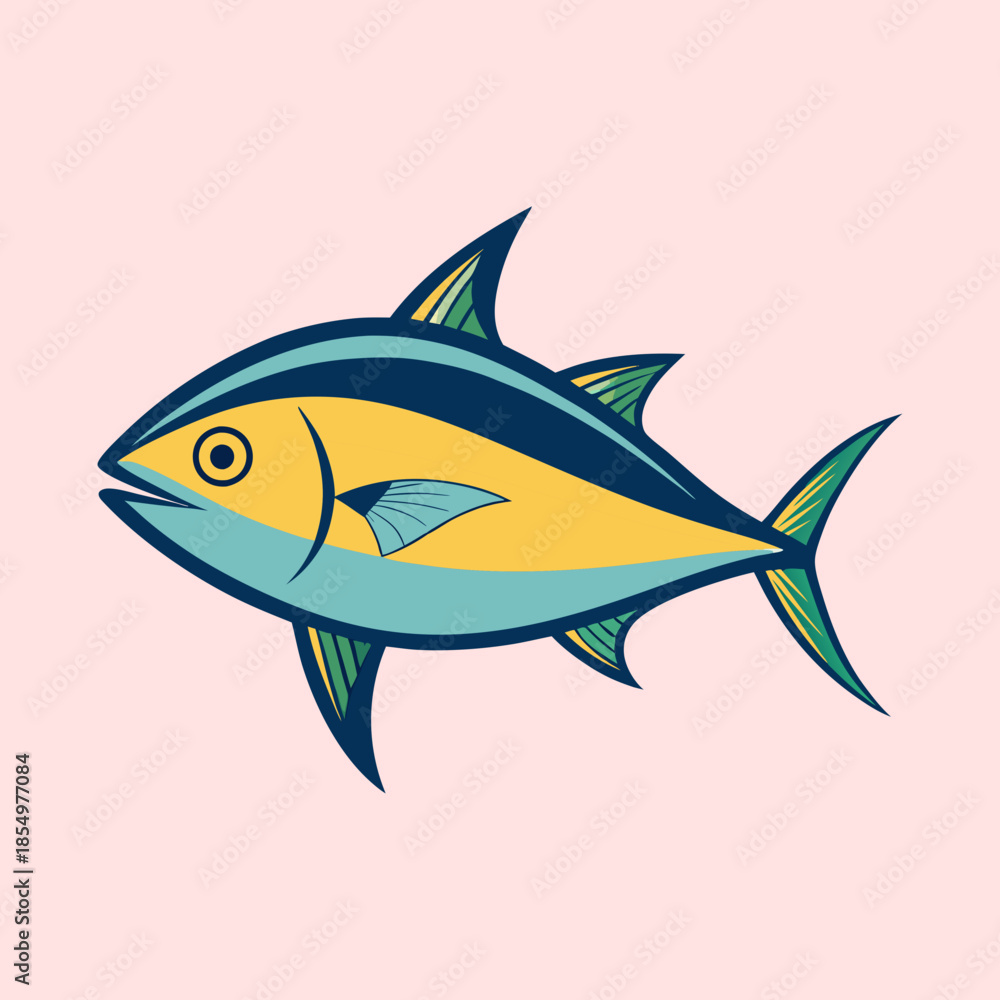 Fototapeta premium Stylized illustration of a sleek, colorful tuna fish against a soft pink background