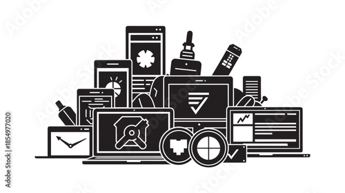 A collection of modern digital devices including phones laptops and accessories