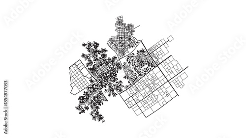 Abstract black and white illustration of a city plan and surrounding nature
