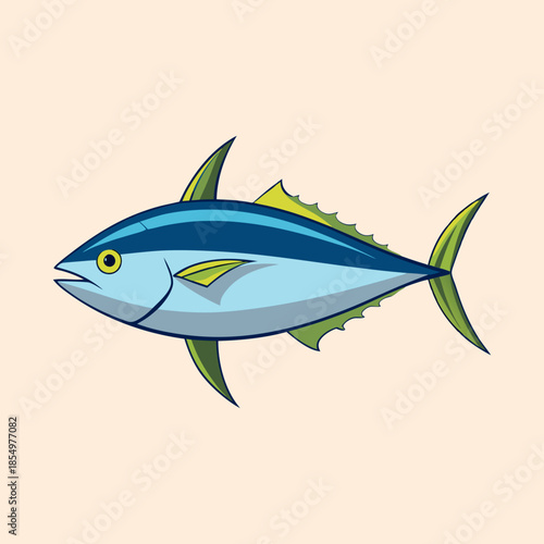 Cartoon tuna fish with blue, green and yellow colors, outlined in dark blue