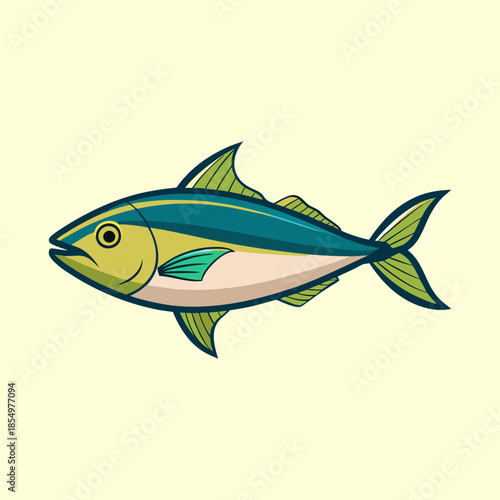 Isolated cartoon tuna fish swimming gracefully in a light yellow background