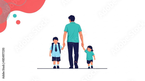 A father holding hands with his two children, a son in school uniform and a young daughter, walking together