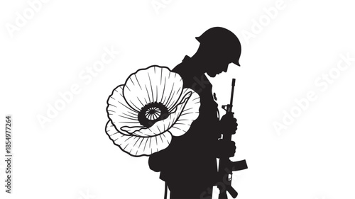 Remembrance day silhouette soldier in profile with a large poppy flower