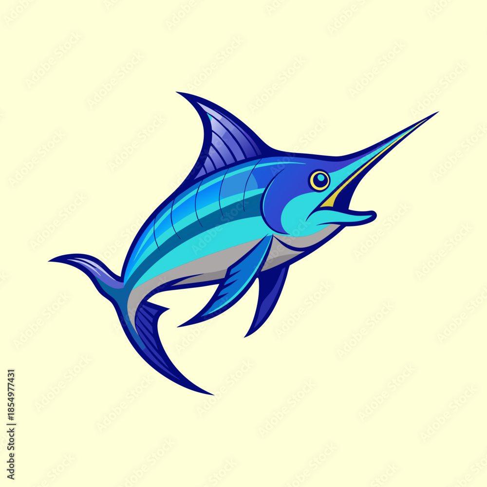 Obraz premium Cartoon Blue Marlin with Striking Colors on a Pale Yellow Background