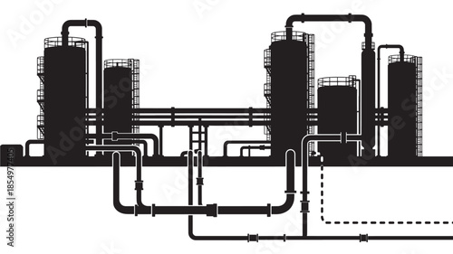 Industrial complex silhouette depicting refinery tanks and intricate piping systems
