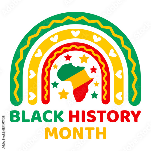Black History Month boho rainbow with Africa map. Celebrates culture, heritage, unity, diversity, pride and inclusion. Ideal for posters, banners, T-shirt, educational designs. Vector illustration. 