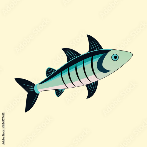 Stylized blue and black fish with bold outlines on a cream background
