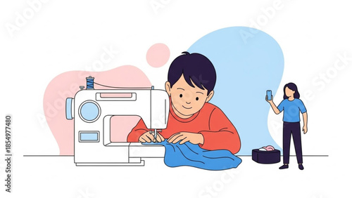 A young person diligently operates a sewing machine, crafting fabric, as a friend records the process