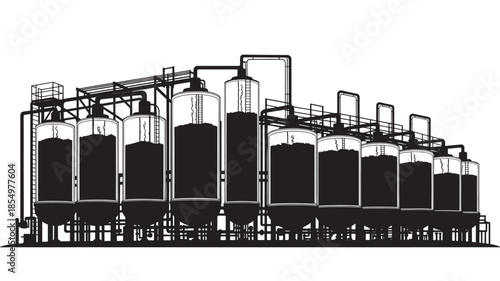 Industrial brewery tanks in a monochrome vector illustration style