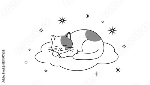 Adorable cat napping soundly on a soft cloud, surrounded by sparkling stars