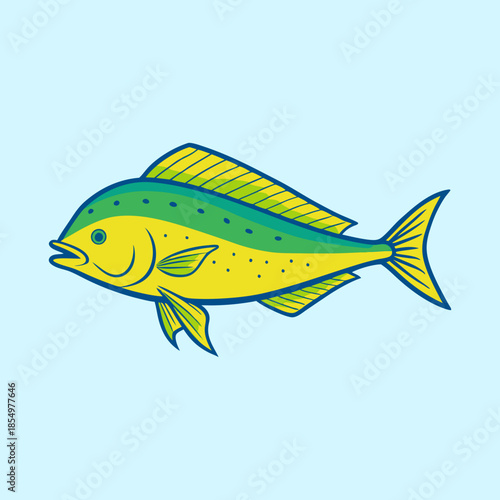 Vibrant Mahi Mahi Fish Illustration with Yellow and Green Scales on Blue