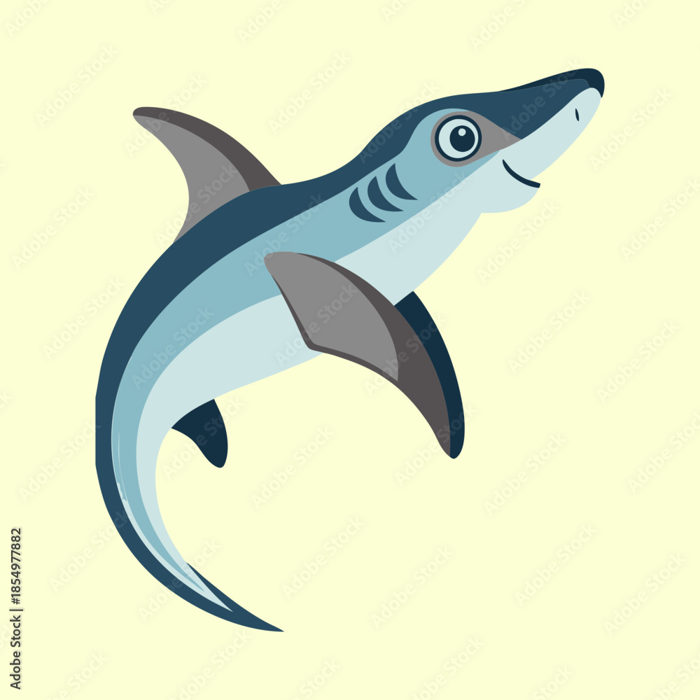Fototapeta premium Cartoon shark character swimming with a cute smile on a yellow background