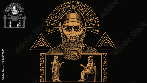 Ancient mystic figure with cuneiform writing and philosophical dialogue