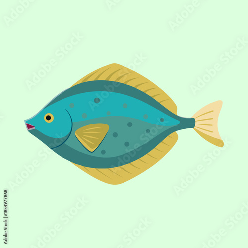 Stylized flat illustration of a blue and yellow spotted flounder fish