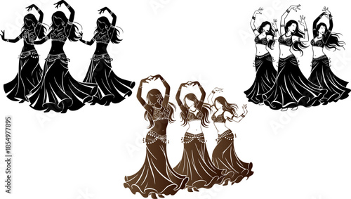 Three flamenco dancers performing traditional passionate spanish choreography together