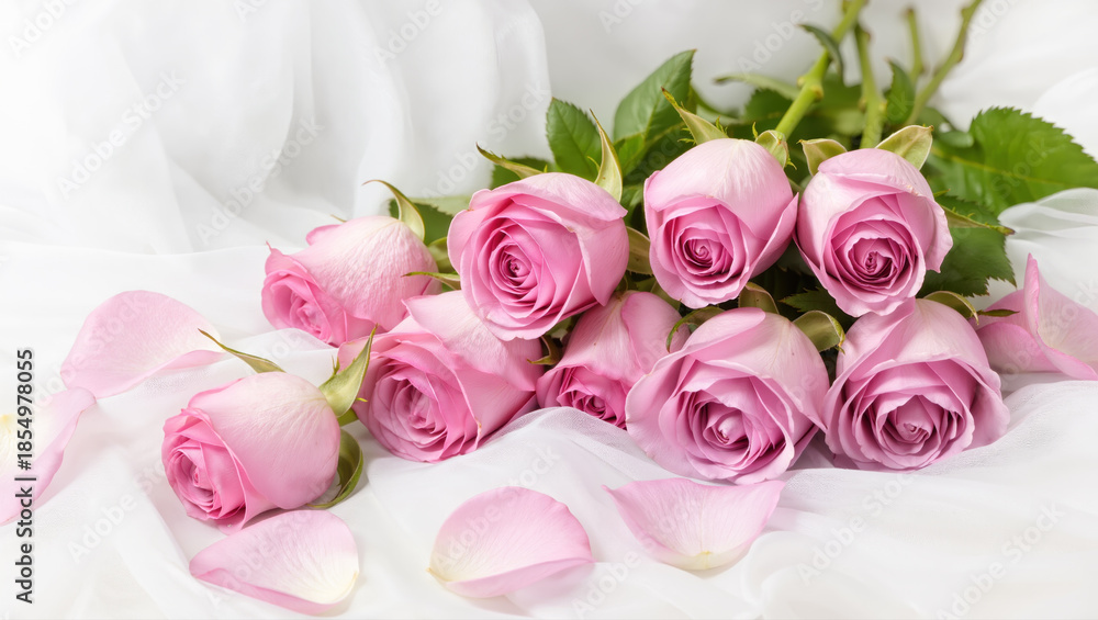 Fototapeta premium Pink roses bouquet with soft petals and green leaves arranged on white fabric background for romantic floral concept