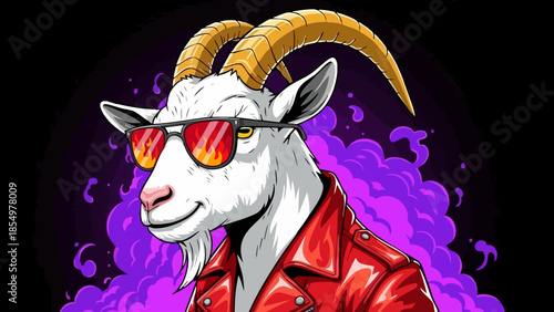 Cool white goat wearing sunglasses and red leather jacket illustration