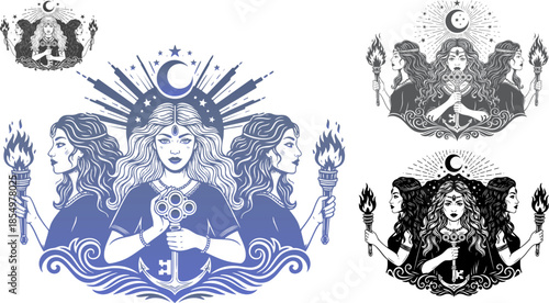 Mystical goddess trinity figure with crescent moon and torches design