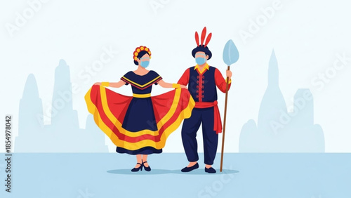 Traditional folk dancers in festive attire wearing face masks for cultural safety