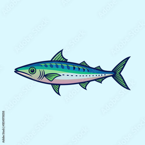 Illustration of a stylized mackerel with blue and green coloring against a light blue background