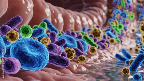 Healthy gut, probiotics, good bacteria thriving on intestinal wall, dense microbiome layer detailed by immersive dolly push in motion