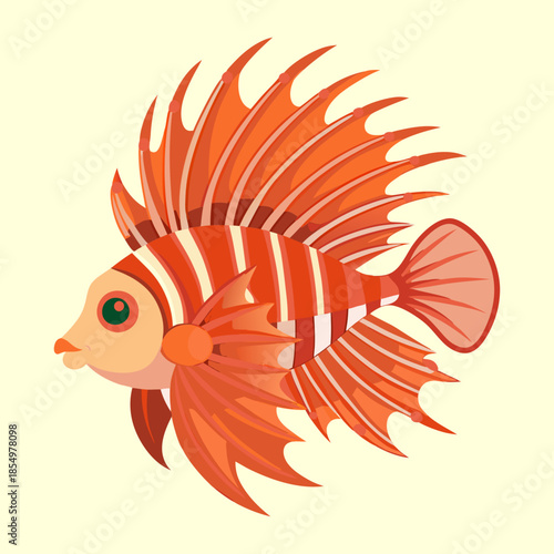 Illustrative Cartoon Lionfish with Detailed Fins on a Light Yellow Background