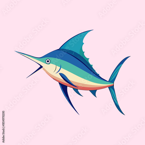 Striking Marlin Illustration with Shades of Blue and Light Pink Background